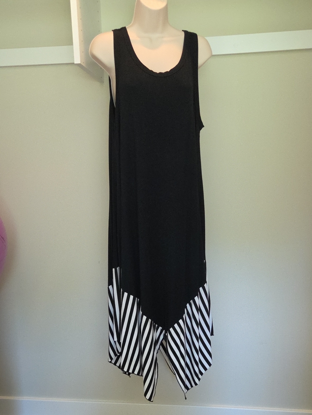 Comfy USA Black Tank Dress with Striped Handkerchief Hem
